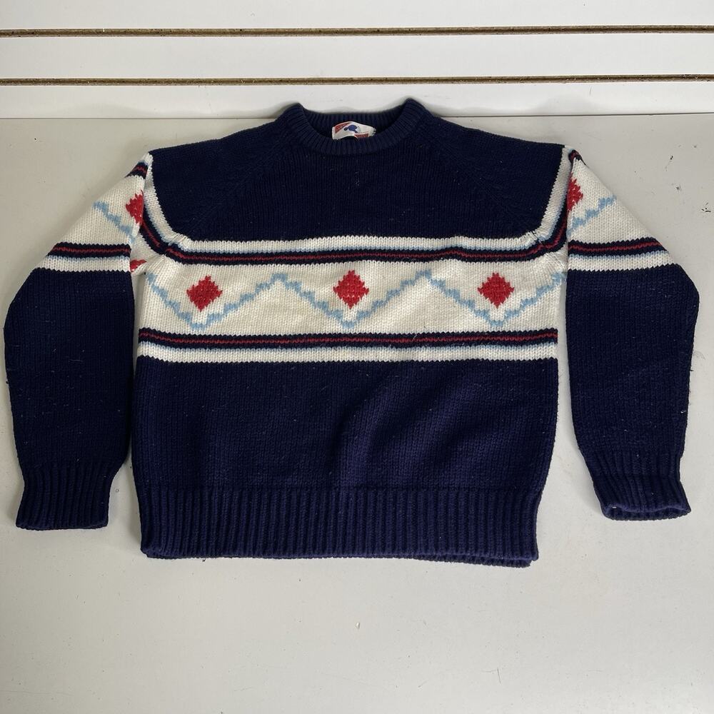VTG Down Hill Skiwear Ski Sweater Navy Blue Mens L Large Stripe Pattern
